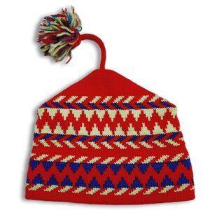 Retro 80's CAPPELLO 100% Wool Intarsia Geo Pattern Knit Beanie Hat w/ Pom-Pom OS
